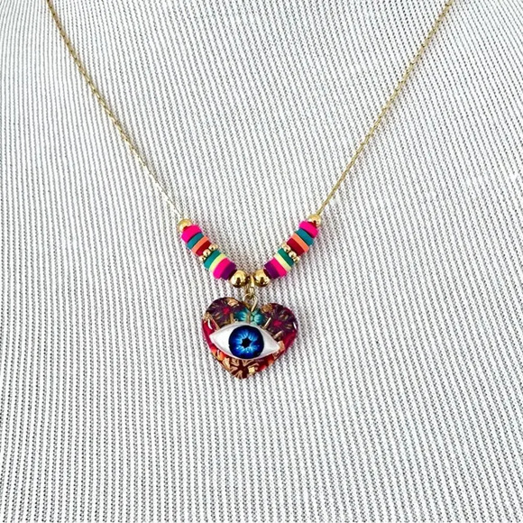 Evil Eye Heart Gold Necklace Colorful Accent - Picture 1 of 7